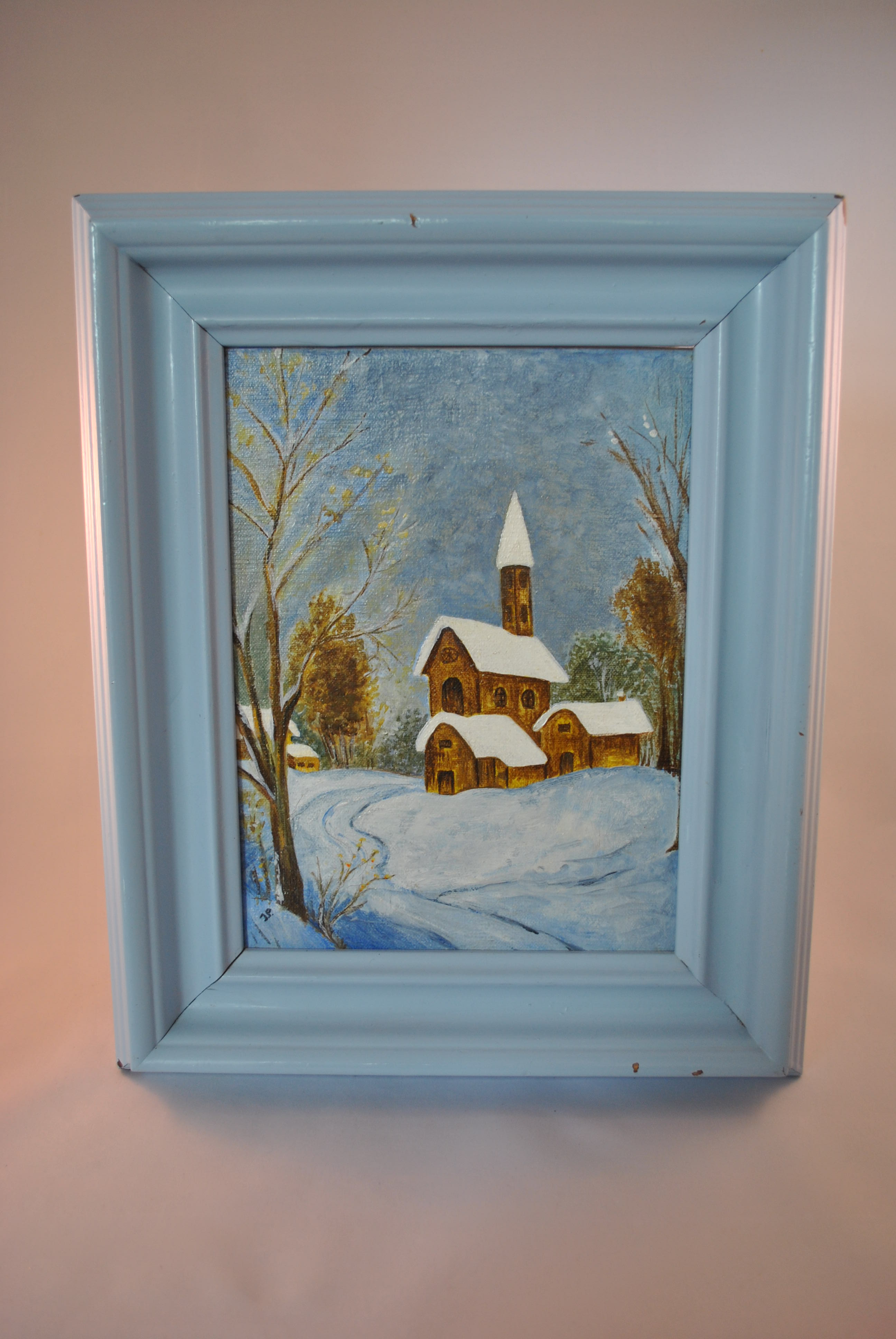 Schilderij in houten lijst, kerk in winterlandschap Eersteklas