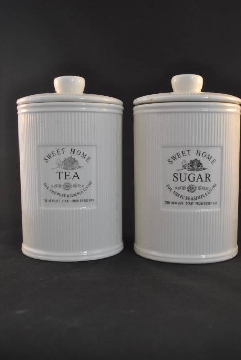 klep Geen Nebu 2 porseleinen voorraadpotten (Tea & Sugar) "Sweet Home" - Eersteklas  Tweedehands